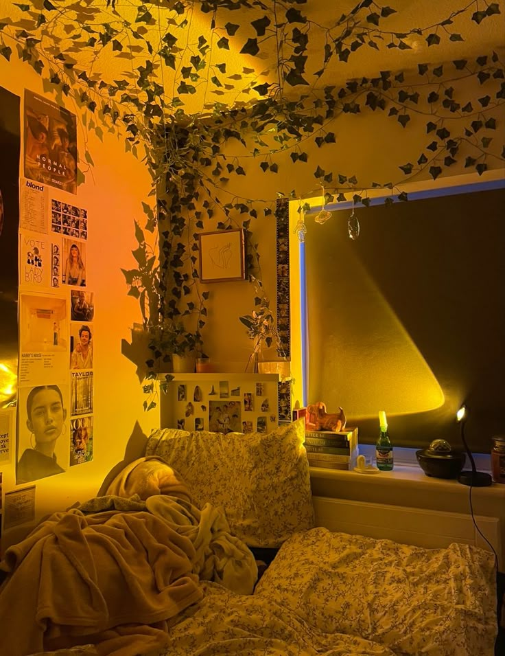 a bedroom with yellow walls and plants growing on the ceiling