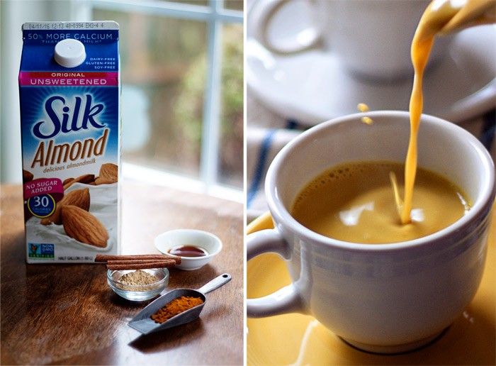 two pictures side by side one has milk being poured into a cup and the other has almonds