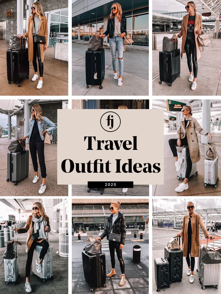 travel outfit ideas for women in the fall and winter, including coats, jackets, jeans, sneakers