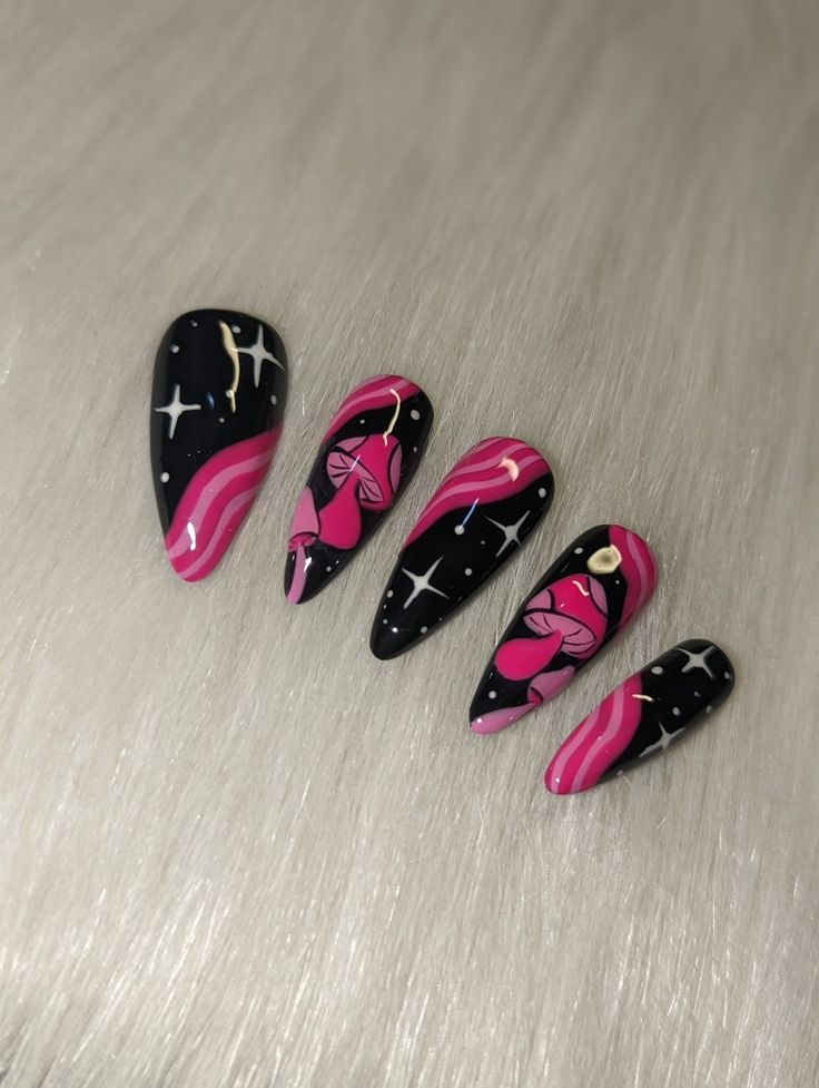 Almond Nails Art Designs, Shroom Nails Acrylic, Phycadelic Nail Art, Cute Mushroom Nail Designs, Mushroom Themed Nails, Pink Alien Nails, Neon Mushroom Nails, Shroom Nails Art, Trippy Fall Nails