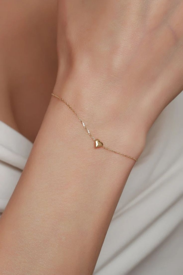 14K Solid Gold Dainty Heart Bracelet / Tiny Heart Bracelet / Jewelry Gift for Her - Etsy Cute Gifts For Your Girlfriend Jewelry, Bracelet Simple Gold, Minimal Handmade Jewelry, Adjustable Dainty Gold Bracelet For Valentine's Day, Dainty Adjustable Gold Bracelet For Valentine's Day, Dainty Gold Bracelet For Valentine's Day, Double Heart Bracelet Valentine's Day Gift, Delicate Heart Bracelet With Heart Charm For Mother's Day, Minimalist Open Heart Bracelet As Gift