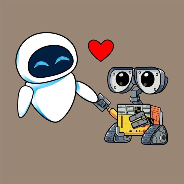 an image of a robot holding the hand of another robot with a heart in the background