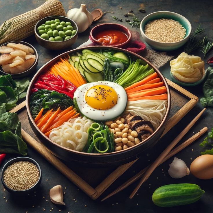 a bowl filled with vegetables and an egg