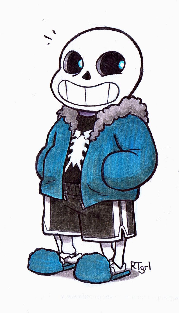 a drawing of a skeleton wearing a blue jacket and hat with his arms crossed, standing in