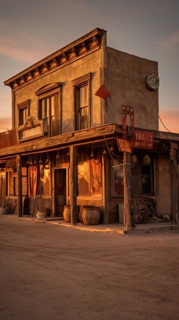 an old western town with a clock on the side of it's storefront