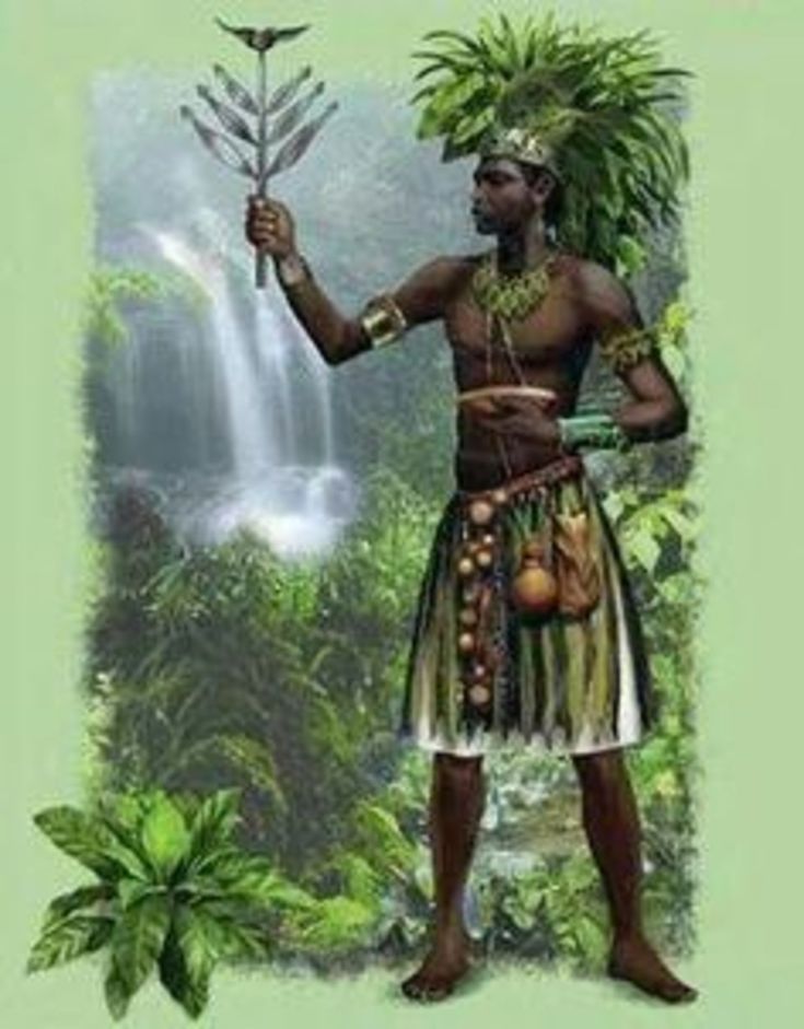 an african man holding a plant in front of a waterfall