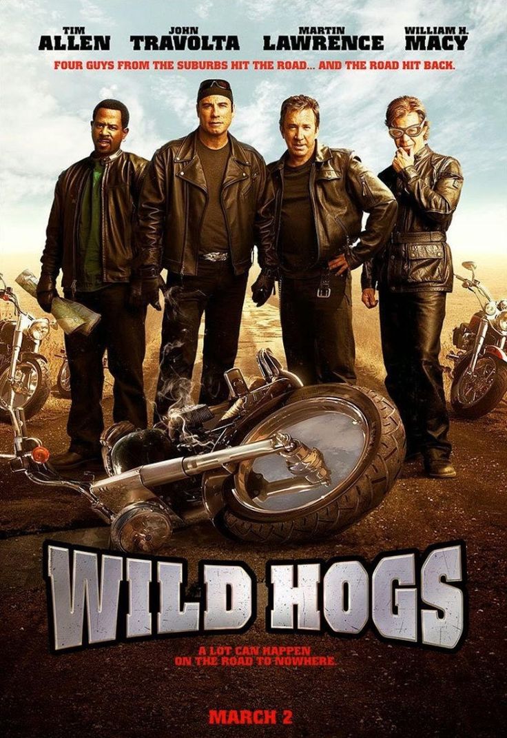 the poster for wild hogs shows three men standing in front of a motorcycle on dirt ground