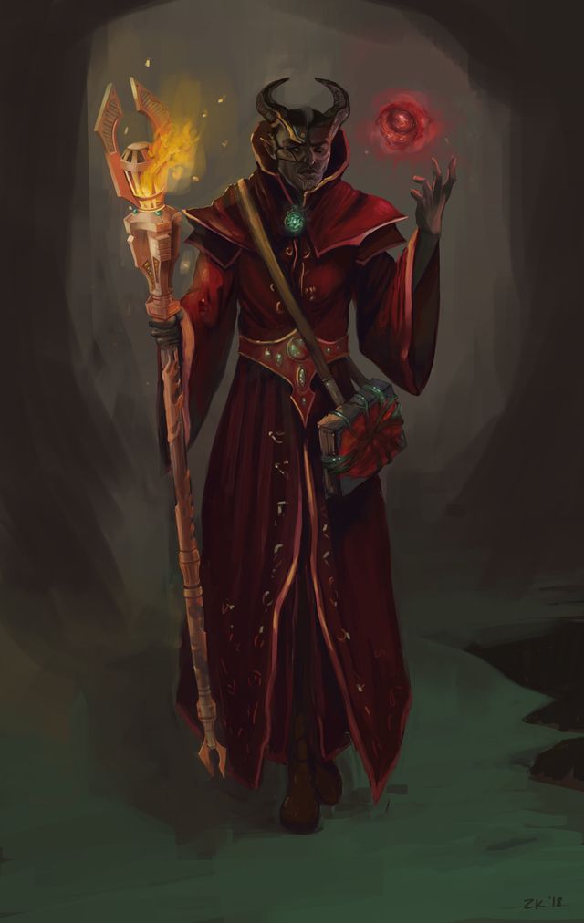 a painting of a demon holding a torch and wearing a red robe with flames in his hands