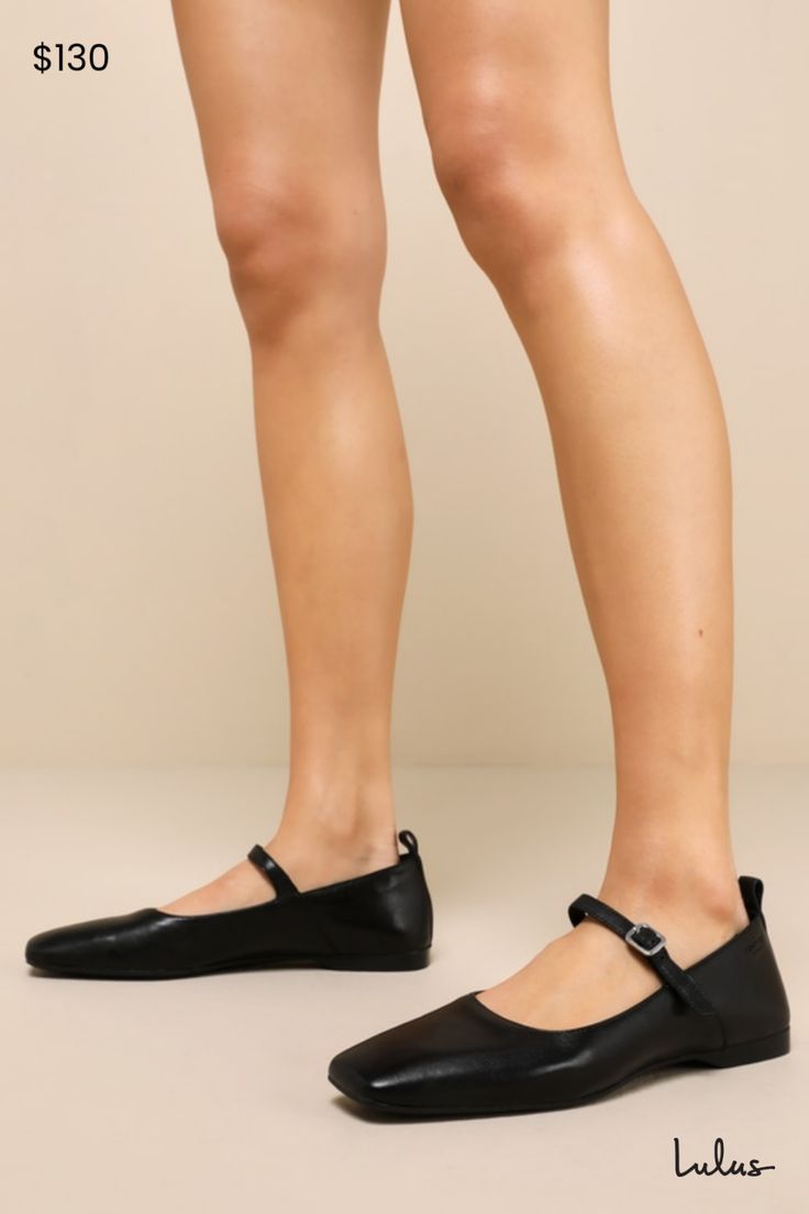 Everyday comfort meets chic perfection with the Vagabond Delia Black Leather Buckle Ballet Flats! Smooth genuine leather shapes these modern ballet flats that boast a trendy square toe upper and a low-cut collar. A slender, adjustable strap at the vamp secures with a shiny silver buckle and creates a cute, Mary Jane-inspired silhouette. Convenient pull tab at back and embossed logo at heel. Available in Euro sizes only. 0. 5" rubber heel. Light cushioned insole. Rubber sole has nonskid markings. Chic Ballet Flats For Everyday, Chic Fitted Ballet Flats For Everyday, Elegant Everyday Flats With Square Toe, Elegant Square Toe Flats For Everyday, Trendy Leather Flats With Square Toe, Chic Black Ballet Flats With Buckle Closure, Everyday Fitted Pointed Toe Flats, Everyday Fitted Ballet Flats, Chic Comfort Fit Flats For Everyday