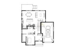 the floor plan for this modern house shows the living room and dining area, as well as the kitchen