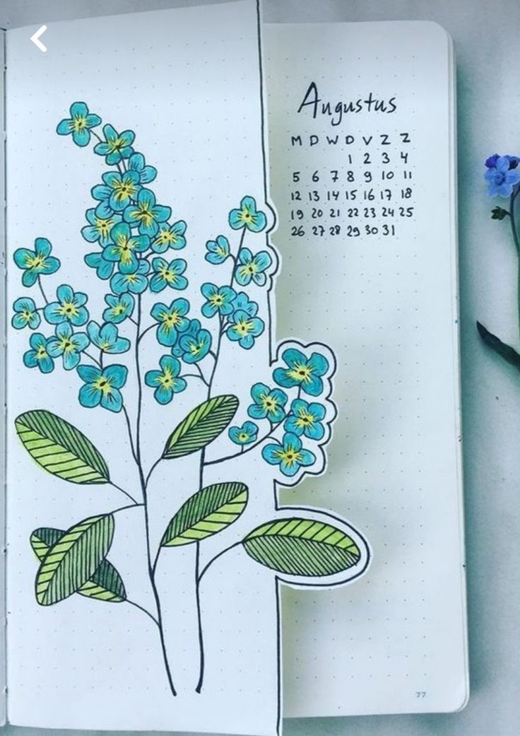 an open notebook with blue flowers on it