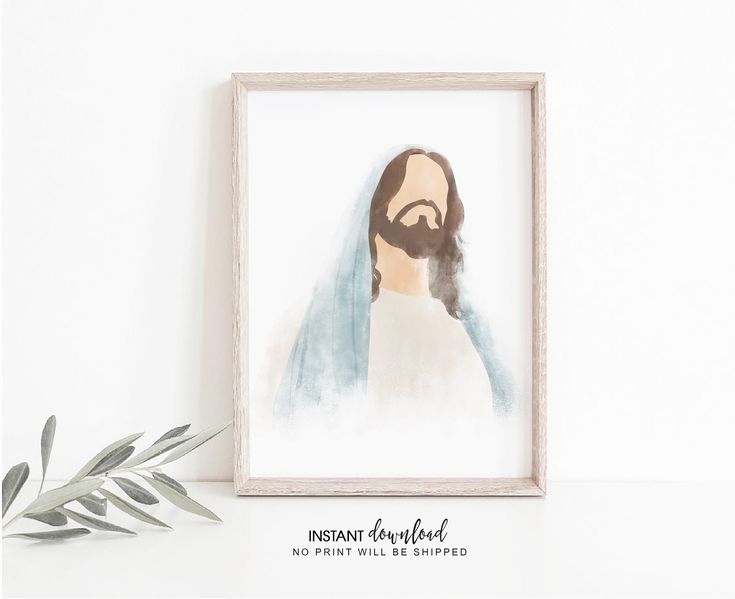 an image of jesus with blue hair and beard is framed in a white wooden frame