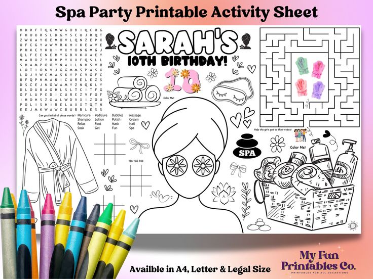 the spa party printable activity sheet is shown with markers and crayon pens