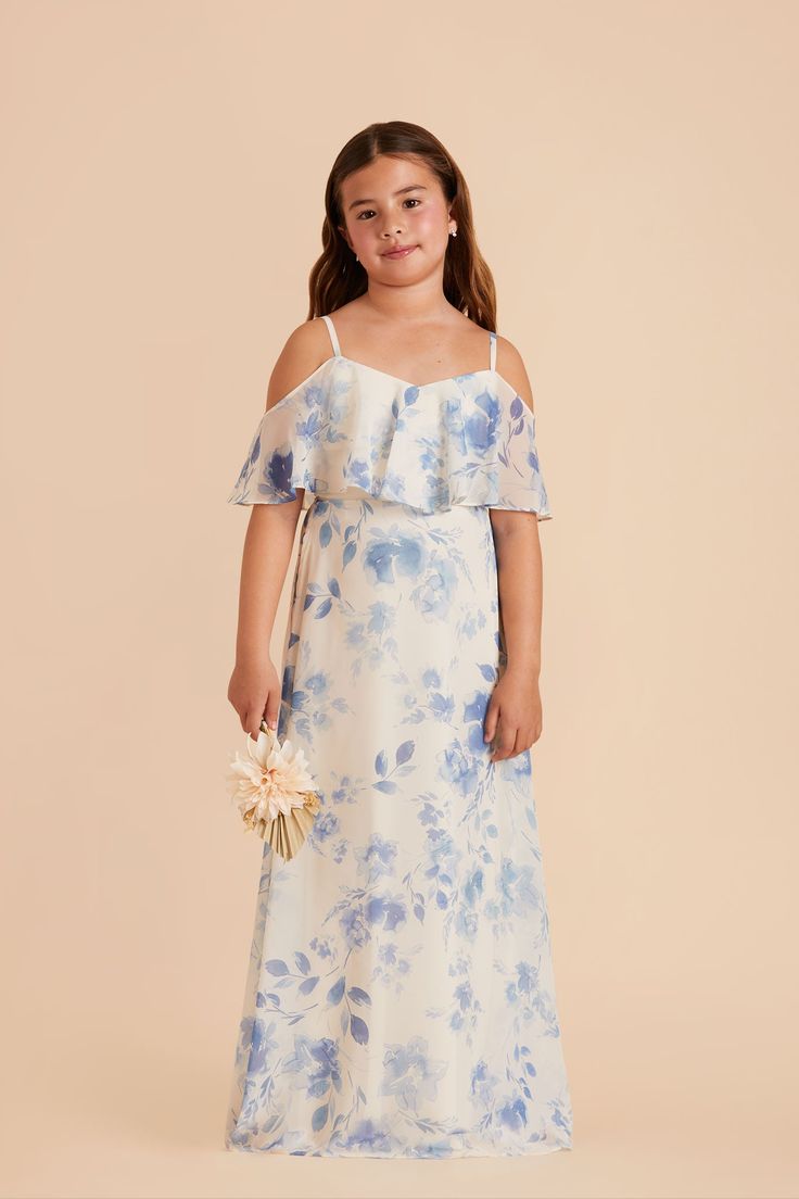 L / blue rococo floral Flower Girls, Junior Dress, Floor Length Chiffon Bridesmaid Dresses, Blue Floral Dress, Jane Dress, Little Women, Chiffon Bridesmaid, Junior Dresses, Girl Dresses