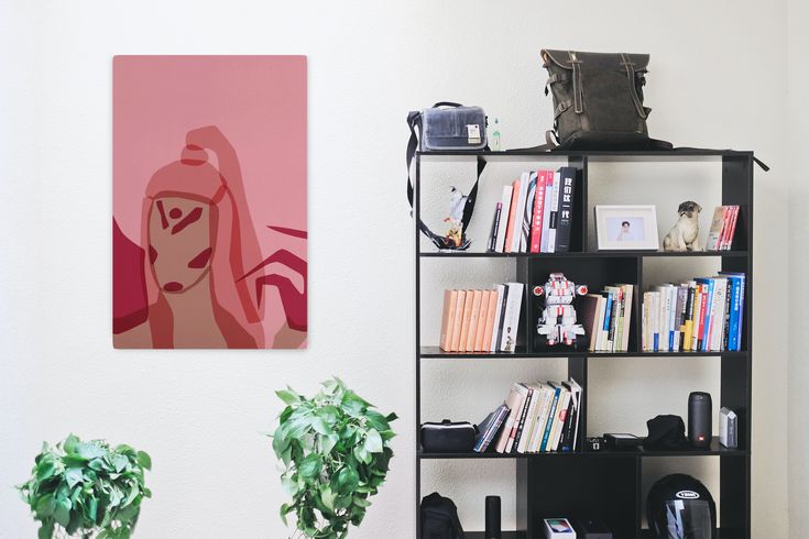 there is a book shelf with books on it and a flag painted on the wall