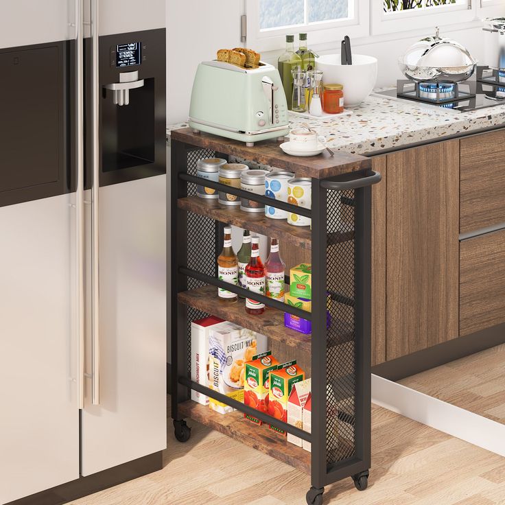 a kitchen cart with food and drinks on it