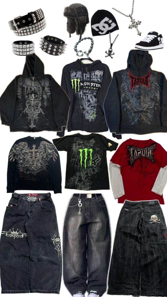 Affliction skater jnco tapout monster fits Skater Fits, Affliction Clothing, Baggy Outfit Ideas, Punk Style Outfits, Street Style Outfits Casual, Trashy Outfits, Silly Clothes, Funky Outfits, Outfit Inspo Casual