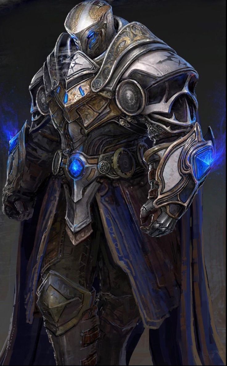 an image of a man in armor with blue lights on his face and hands, standing