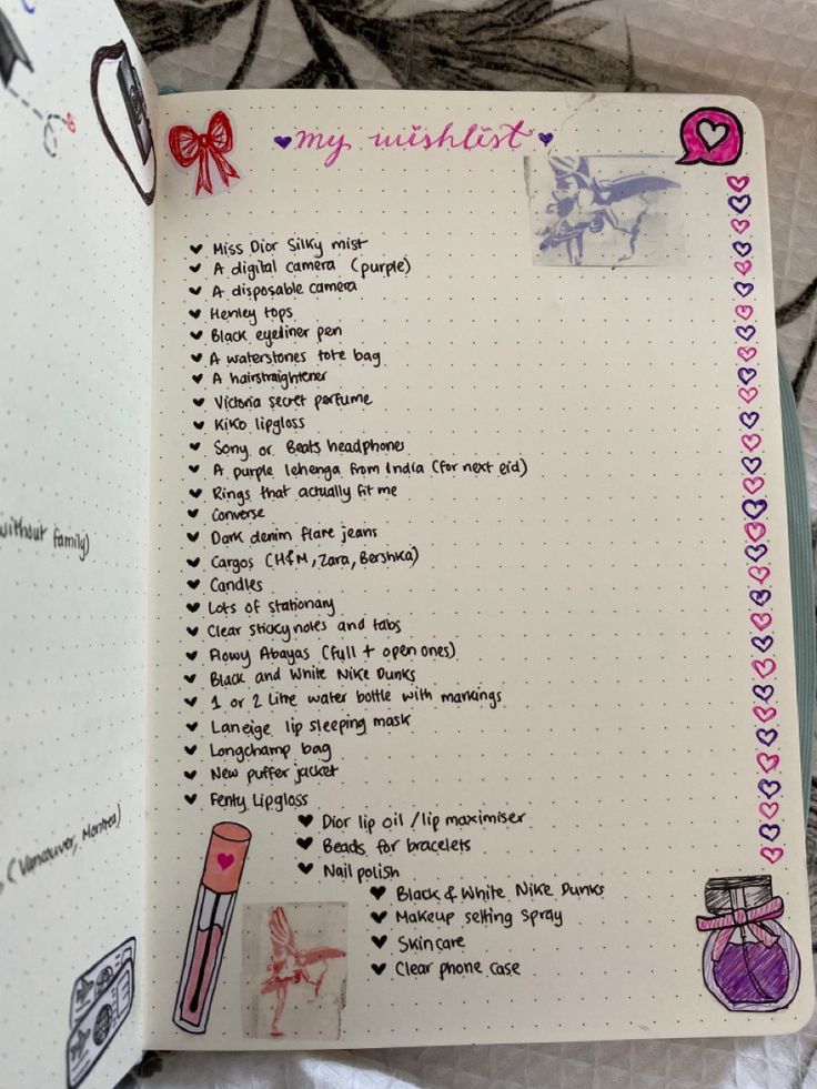 Birthday List Aesthetic Journal, Wishlist Drawing Ideas, Wish List Journal Ideas, What To Write In My Journal, What To Put In My Journal, Journal Ideas Wishlist, Bullet Journal Wishlist Ideas, Wishlist Ideas Aesthetic Journal, Journal Wishlist Ideas