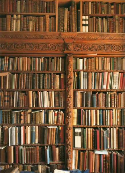 the bookshelves are filled with many different types of books