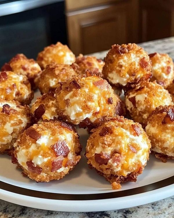 a white plate topped with mini cheese covered donuts on top of a kitchen counter