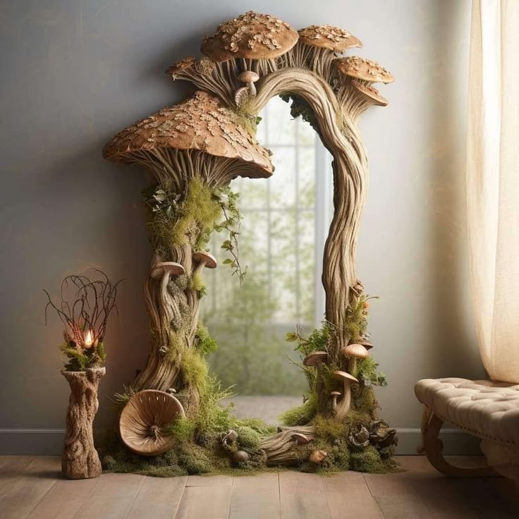 a mirror that has mushrooms on it