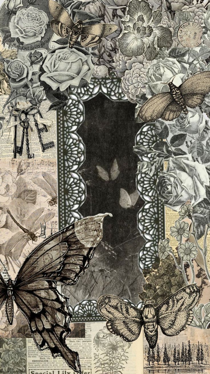 an altered collage with butterflies, roses and other things in black and white colors