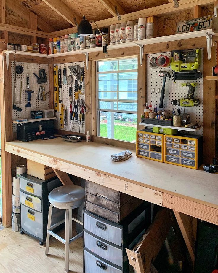 a workbench with lots of tools on the wall and shelves above it in a garage