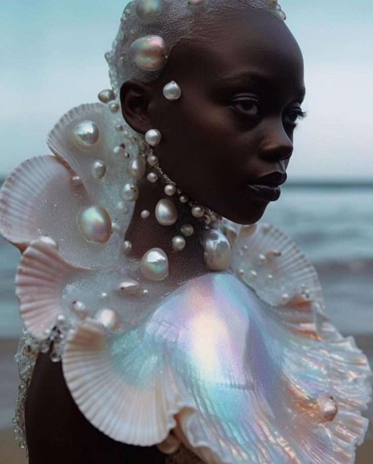 a woman with pearls on her neck standing in front of the ocean