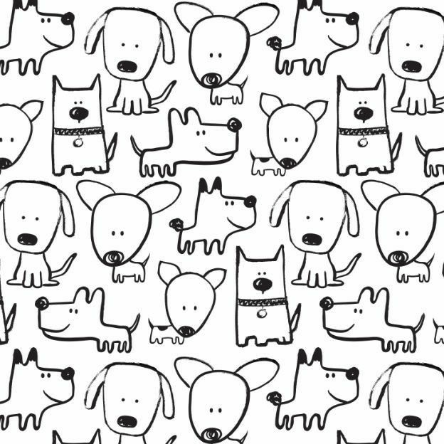 a black and white drawing of dogs with their faces drawn in different directions, all on one side