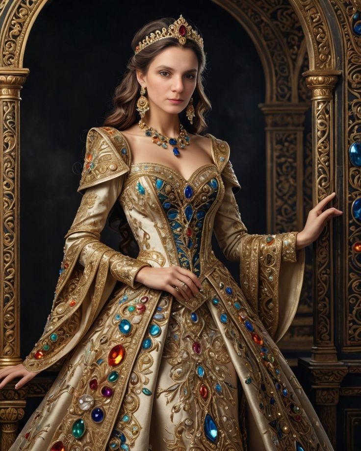 Lady in fantasy dress richly embroidered with gold, decorated with precious stones Queen Dress Royal Fantasy, Gold Fantasy Dress, Royal Dresses Queens, Royal Dresses Queens Fantasy, Fantasy Queen Dress, Fantasy Dress Queens, Queen Outfits Royal, Queen Attire, Royalty Dresses