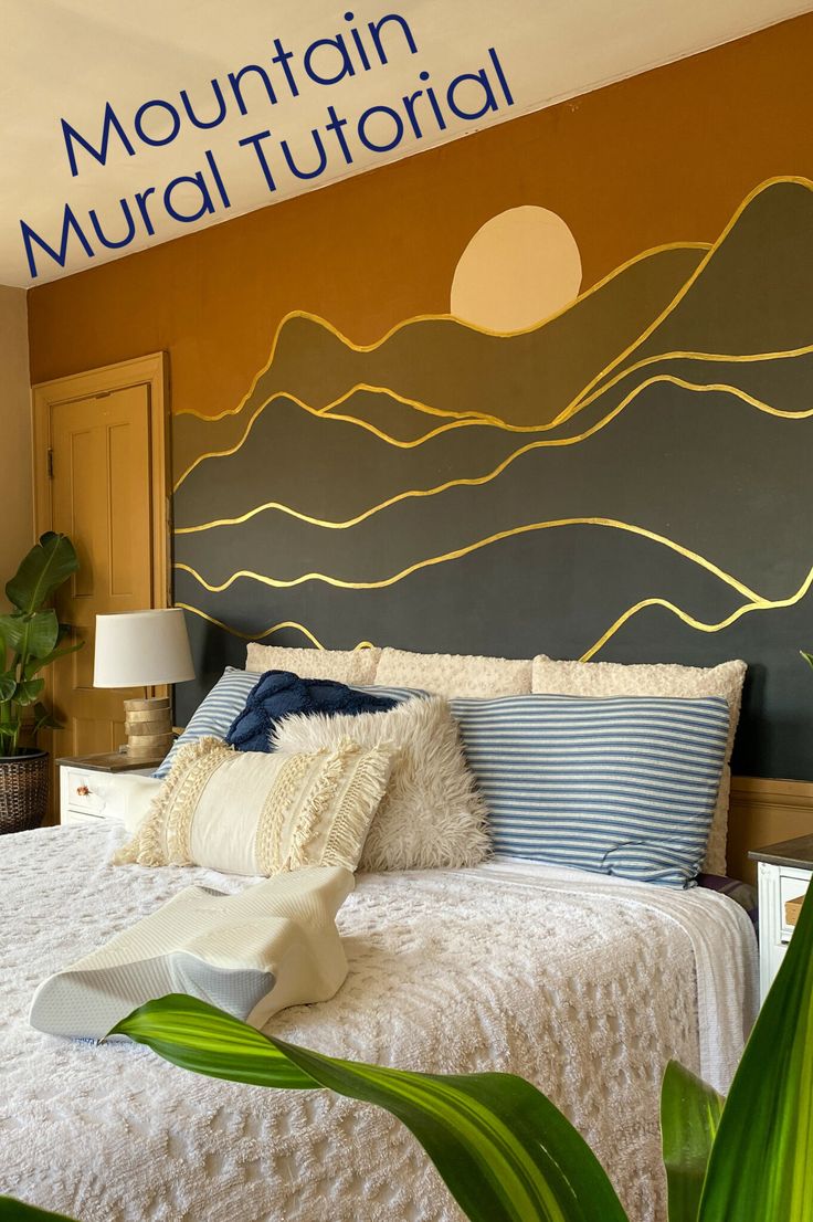 there is a bed with pillows on it in the room that says mountain muraili