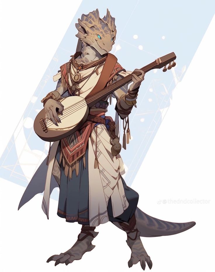 the character is holding a guitar and wearing an animal outfit with horns, tail, and headdress