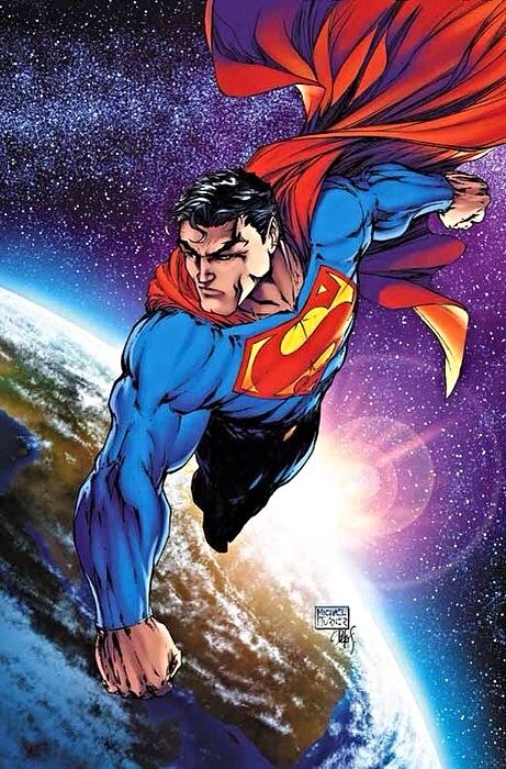 superman flying over the earth with his cape open and looking down at the ground in front of him