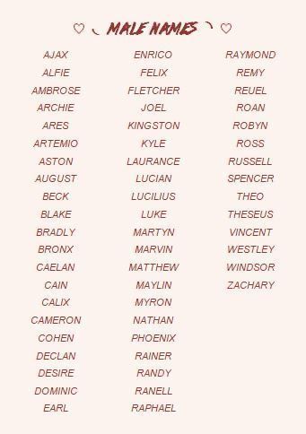 the names of male and female names on a white background with red writing in it