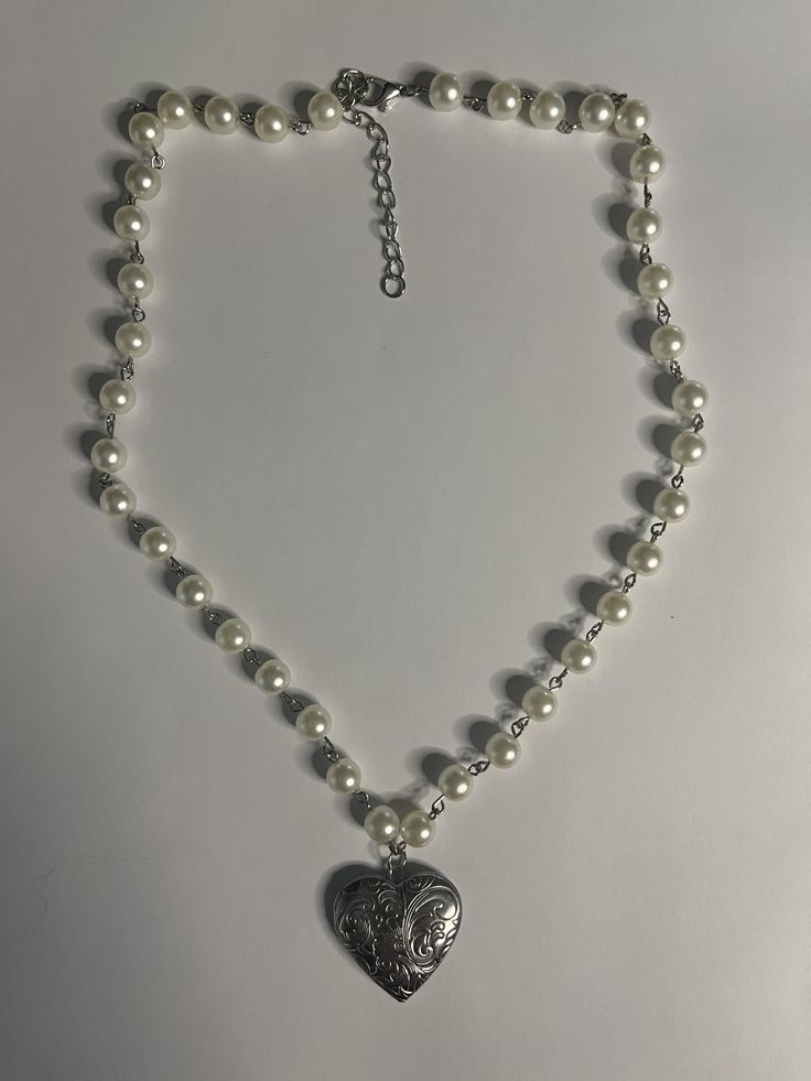 Necklace - pearl beads with heart locket 11-12 inches long with adjustable length Pearl Locket Necklace, Beaded Locket Necklace, Wire Pearl Necklace, Pearl Beaded Necklaces With Heart Pendant, Pearl Beaded Heart Pendant Necklace, Pearl Heart Pendant Beaded Necklace, Heart-shaped Pearl Beaded Chain Jewelry, Valentine's Day Pearl Beaded Necklaces With Heart Beads, Heart-shaped Pearl Beaded Necklace For Valentine's Day