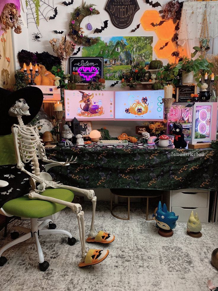 a room filled with lots of halloween decorations