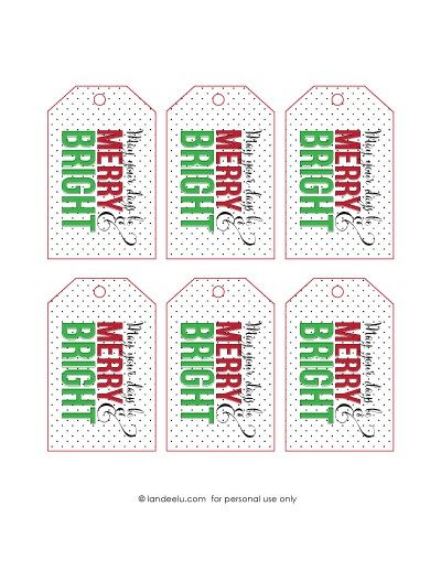 six tags with the word merry on them in red, green and white polka dots