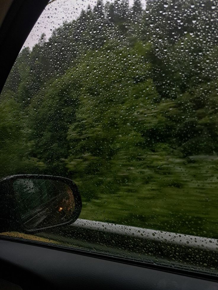 rain drops on the windshield of a car as it drives down a road in front of trees