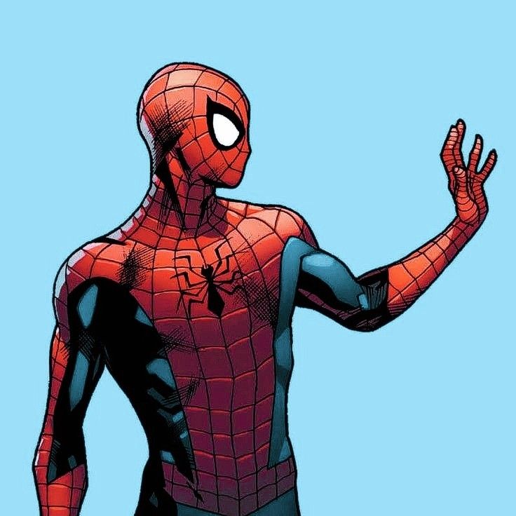 the spider - man is standing in front of a blue background with his hands out