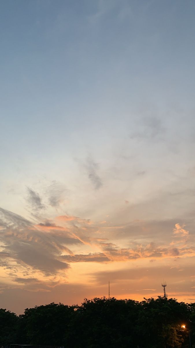 an airplane is flying in the sky at sunset or dawn with clouds and trees around it