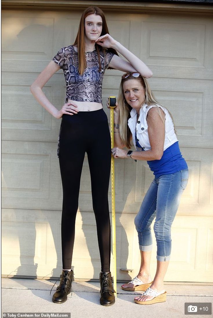 two women standing next to each other in front of a garage door with a measuring tape