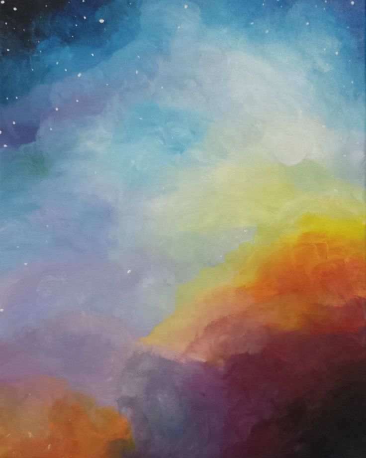 an abstract painting with blue, yellow and orange colors in the night sky above clouds