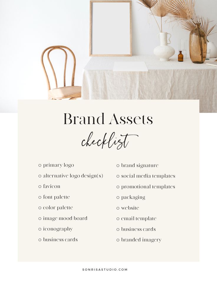 a white table with a chair and some pictures on it, the text reads brand assets checklist