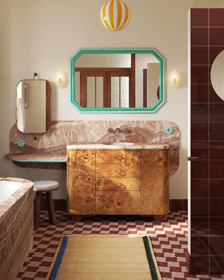 a bathroom with a vanity, mirror and bathtub in the middle of the room