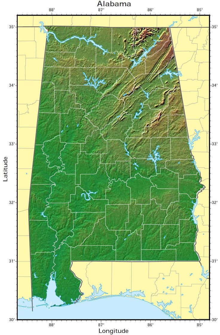 a map of the state of alabama, with lines in green and yellow on it