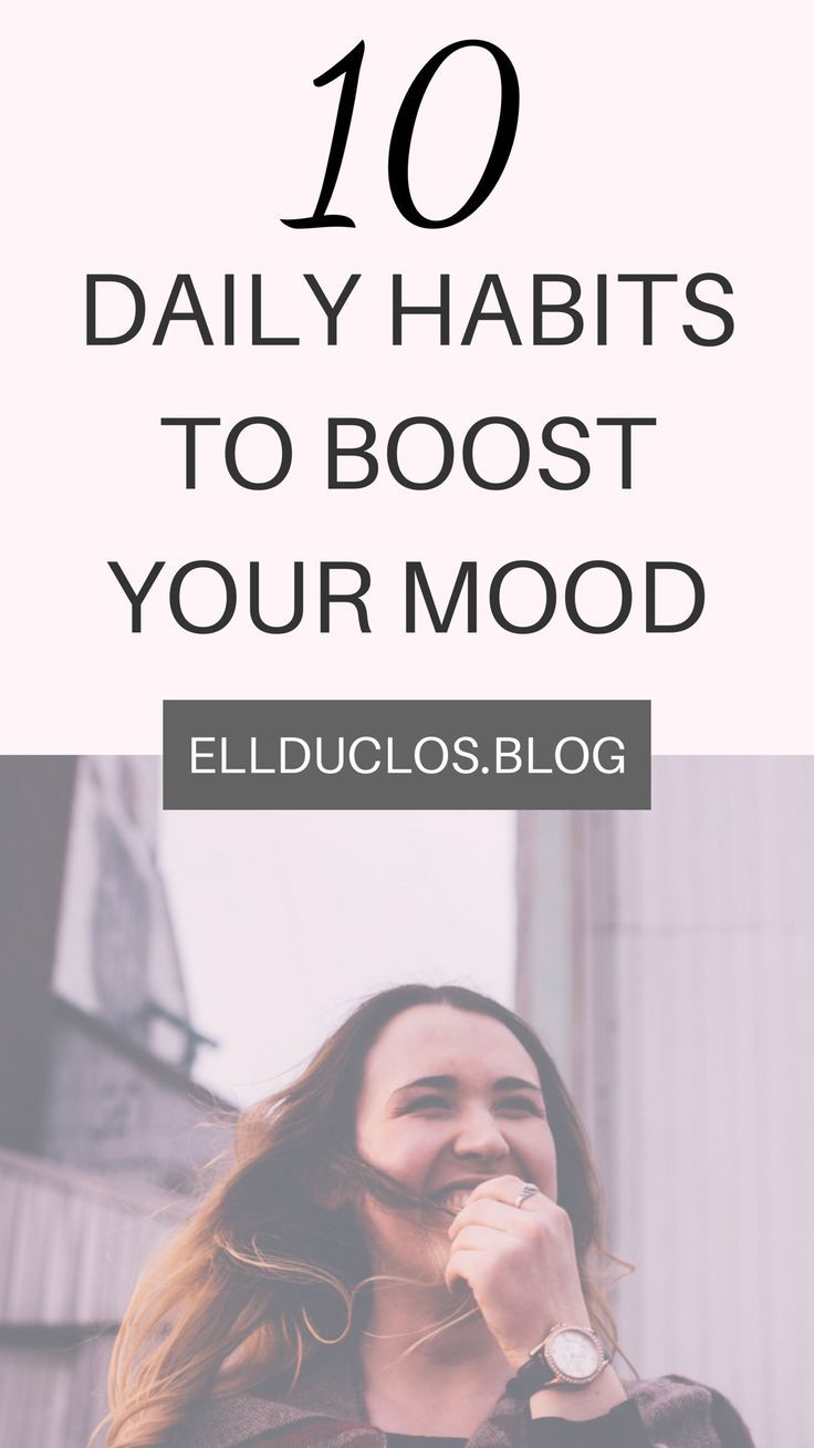 a woman eating food with the words 10 daily habitts to booster your mood