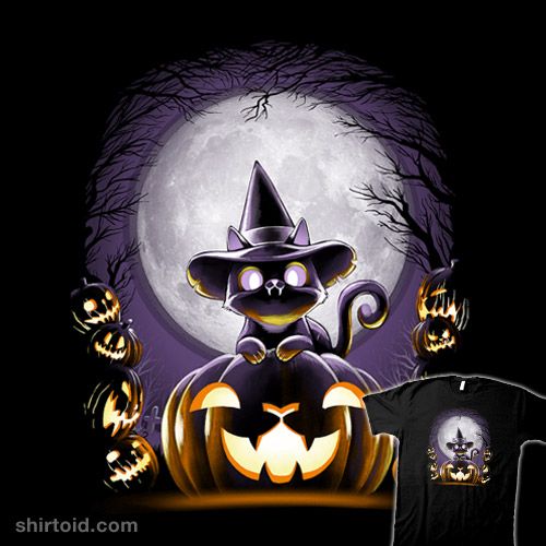 a black t - shirt with an image of a cat wearing a witches hat and sitting on a pumpkin