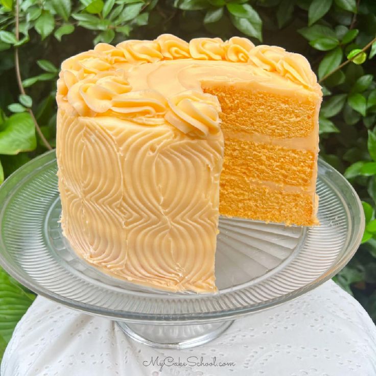 a piece of yellow cake on a glass plate