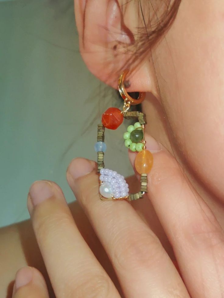 「Chinoiserie」Natural Jade Square Earrings | Three Fleas Home Made Earrings, Beading Earring, Architecture Paintings, Textile Earrings, Eclectic Jewelry, Extraordinary Jewelry, Whimsical Jewelry, Chinese Jewelry, Jade Earrings